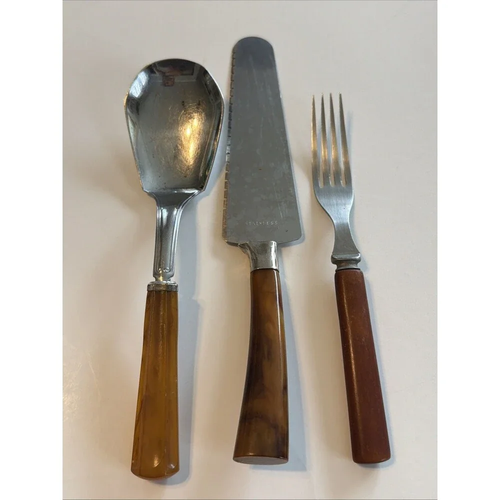 Vintage Caramel Bakelite Utensils Pie Server Ice Cream Scoop and Fork Marbling